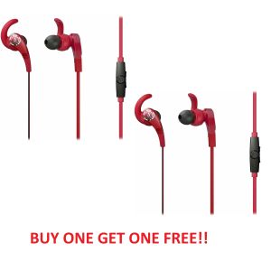In Ear: 2x Audio-Technica ATH-CKX7IS Sonic Fuel In Ear Wired Headphones Mic BOGOF!! - Red