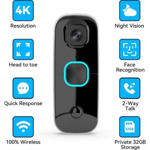 CCTV Accessories: Swann Buddy 4K Wi-Fi Wireless Video Doorbell Security Camera, Two-Way Audio, Motion Detection, Night Vision, Cloud Storage Home Surveillance Solution 
