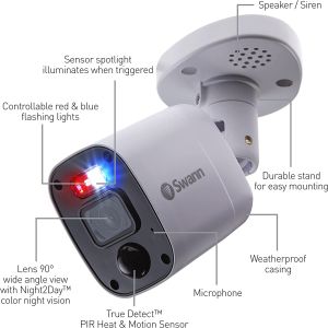 CCTV Cameras: Swann PRO-4KMQB 4K Enforcer Bullet CCTV Camera Flashing Lights Siren Audio DVR 5680 (Single Camera)